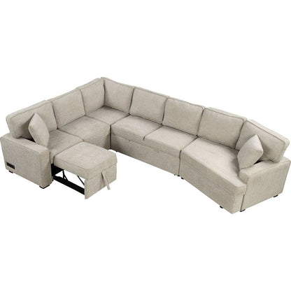 126" L-shaped Sofa Sectional Sofa Couch Pull-out Sofa Bed with Charging Devices and Cup Holders for Living Room, Beige