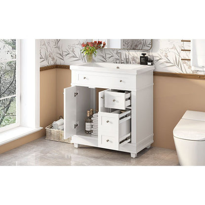 30" Bathroom Vanity Cabinet with Sink Combo Set, Undermount Resin Sink, Free Standing Vanity Set with 2 Drawers& Soft Closing Doors, Solid Wood Frame Bathroom Cabinet, White