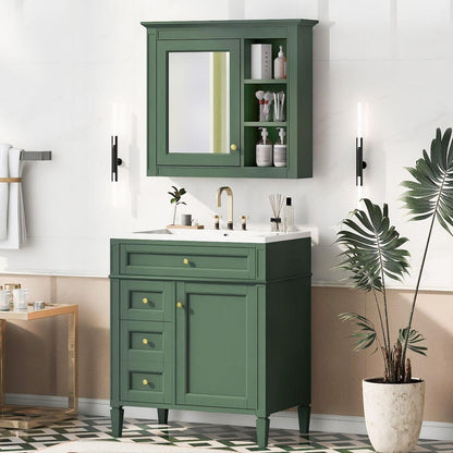 30" Bathroom Vanity with Top Sink, Modern Bathroom Storage Cabinet with 2 Drawers and a Tip-out Drawer, Freestanding Vanity Set with Mirror Cabinet, Single Sink Bathroom Vanity