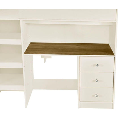 Wood Full Size Loft Bed with Built-in Wardrobe, Desk, Storage Shelves and Drawers, Beige