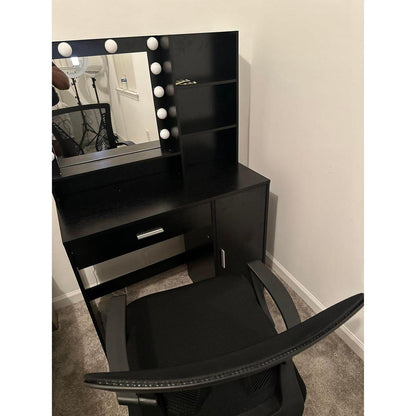 Vanity Desk with Mirror & Light, Large Drawer Three Level Storage Dresser, 3 Lighting Modes Adjustable Brightness, Bedroom Dressing Table (Black)