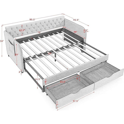 Twin Size Upholstery Daybed with Trundle Bed and Two Storage Drawers , Flat Arms with Pocket, Extendable Daybed for Bedroom Living Room,Linen Grey