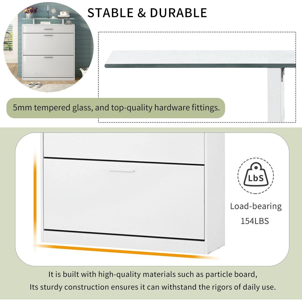 Slim Entryway Organizer with 2 Flip Drawers, Tempered Glass Top Shoe Storage Cabinet with Drawer, Free Standing Shoe Rack with LED Light for Hallway, White