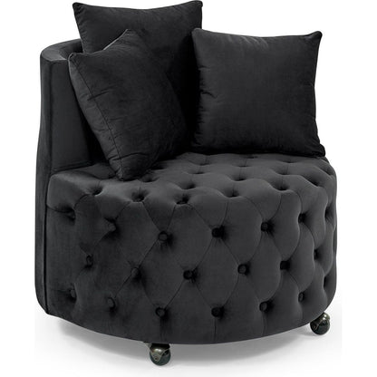 Velvet Upholstered Swivel Chair for Living Room, with Button Tufted Design and Movable Wheels, Including 3 Pillows, Black