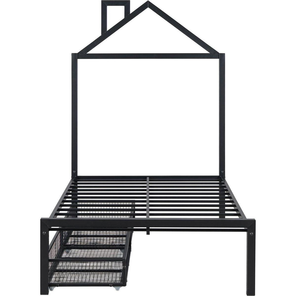 Twin Size Metal Platform Bed with two drawers,House-Shaped Headboard Design, Black