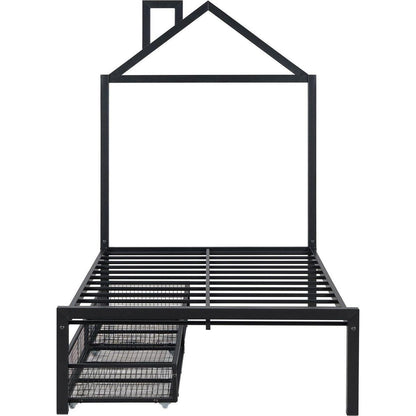 Twin Size Metal Platform Bed with two drawers,House-Shaped Headboard Design, Black