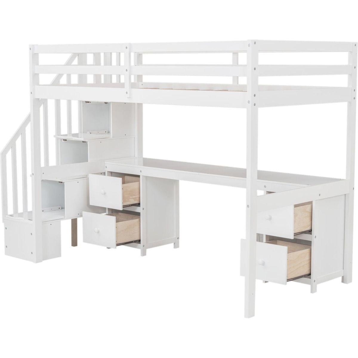 Twin Size Loft Bed Frame with Built-in Desk and Double Storage Drawers,White