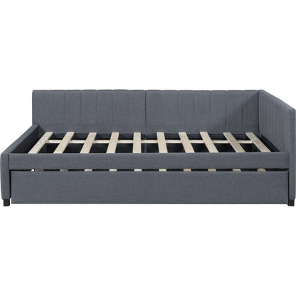 Full Size Upholstered Daybed with Trundle Sofa Bed Frame No Box Spring Needed, Linen Fabric(Gray)