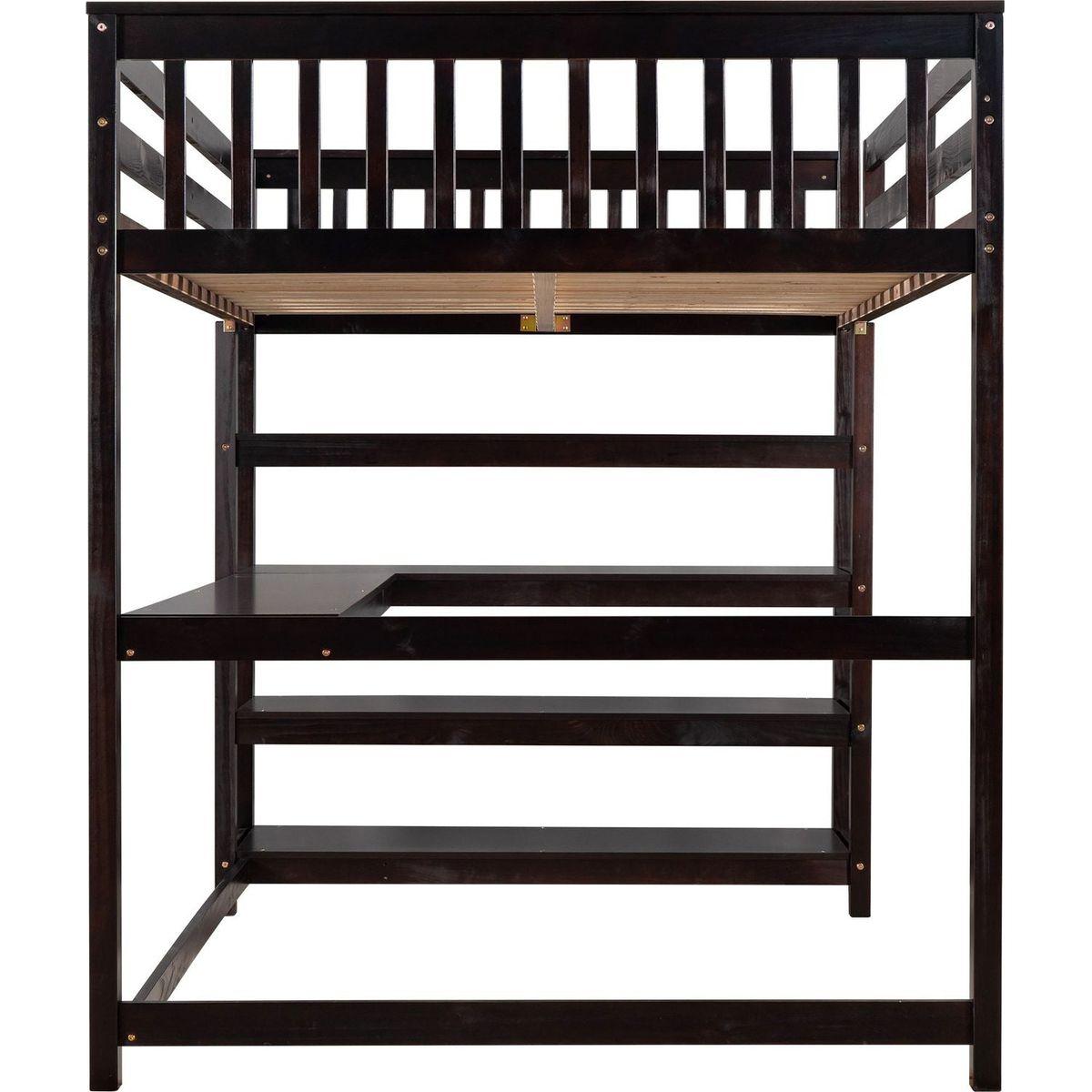 Full Size Loft Bed with Storage Shelves and Under-bed Desk, Espresso