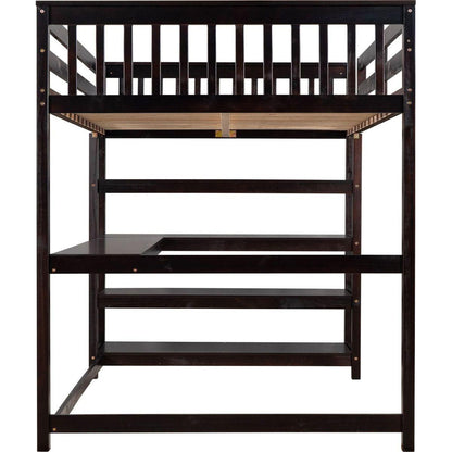 Full Size Loft Bed with Storage Shelves and Under-bed Desk, Espresso
