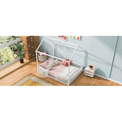 Full Size Metal House Bed with Fence and Door, White