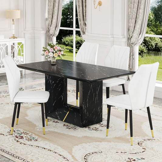 Table and chair set.Black Marble Pattern MDF Dining Set - 63'x35.4' with 4 White PU Chairs With a Widened Backrest Design.Giving you a luxurious feel.