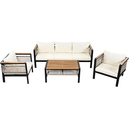 Contemporary Outdoor Sectional Sofa Set with Cushions and Coffee Table, Beige, Steel & Acacia Wood