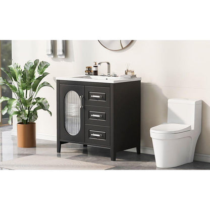 30" Bathroom Vanity with Sink, Bathroom Vanity Cabinet with Two Drawers and Door, Adjustable Shelf, Solid Wood and MDF, Black