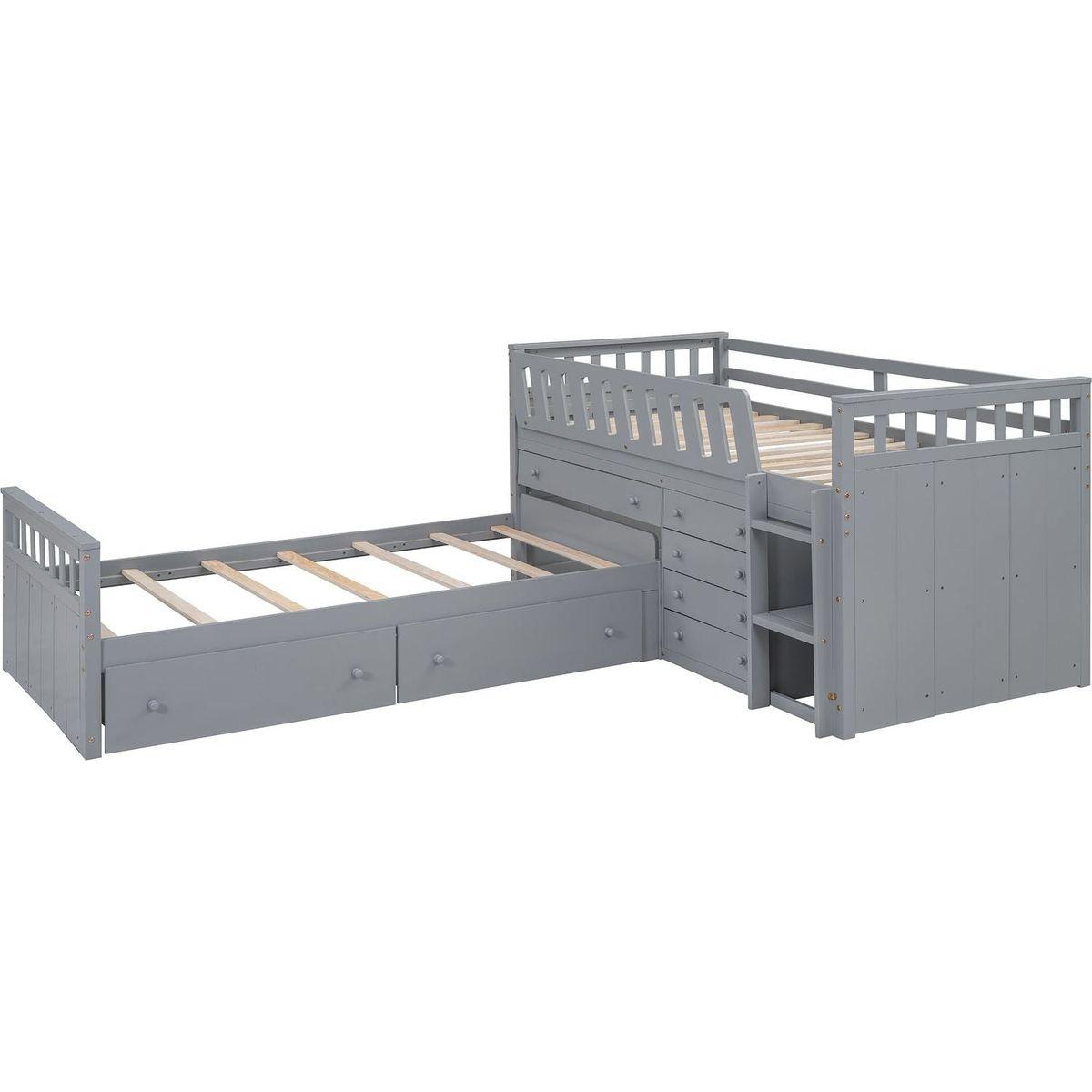 L-shaped Space-Saving Twin Loft and Twin Platform Bed with 7 Drawers and Full Guardrails(GRAY)