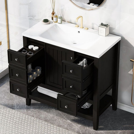 36" Bathroom Vanity with Sink Combo, One Cabinet and Three Drawers, Solid Wood and MDF Board, Black