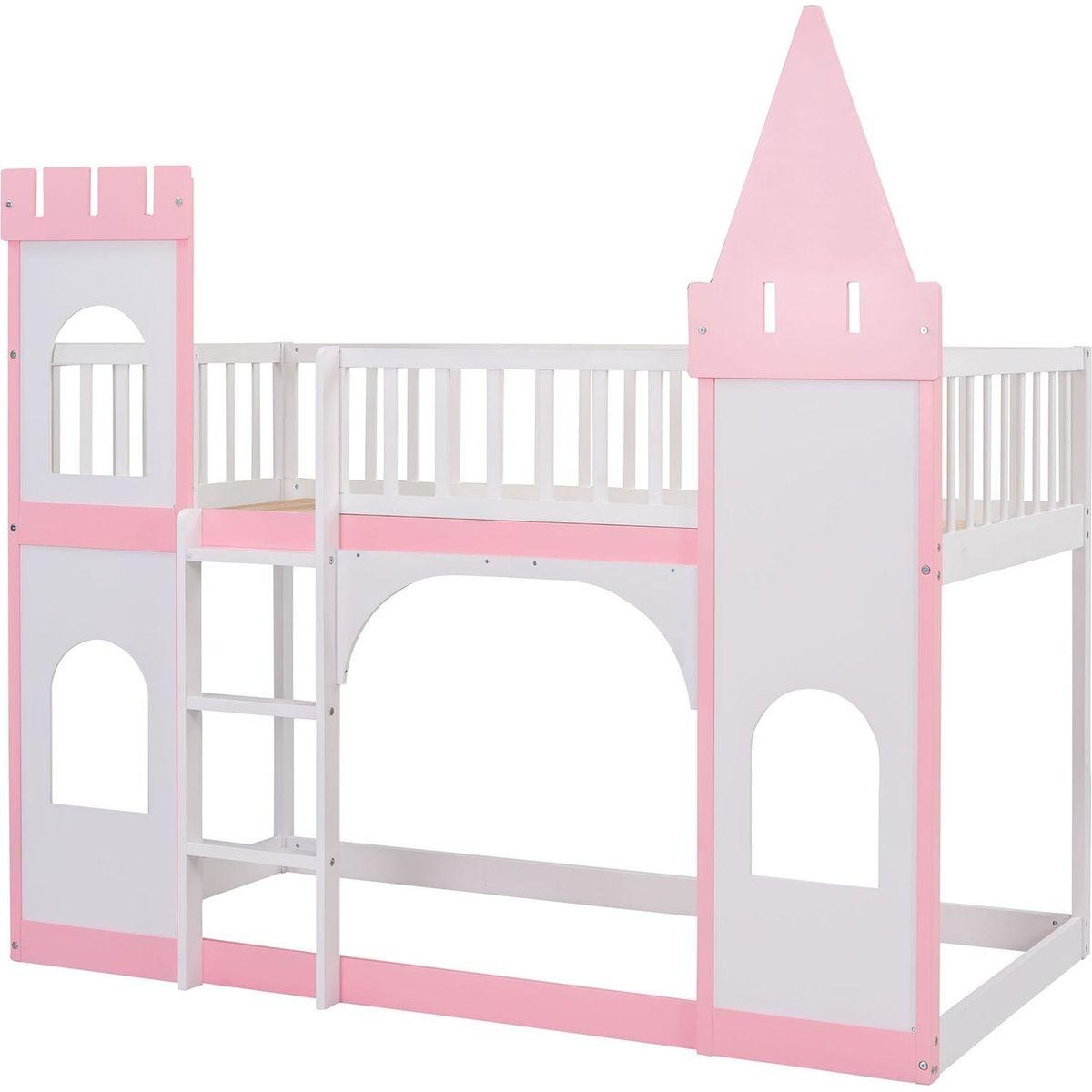 Twin Over Twin Castle Bunk Bed with Ladder - Pink