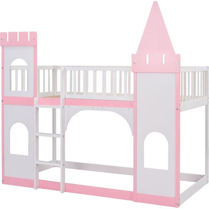 Twin Over Twin Castle Bunk Bed with Ladder - Pink