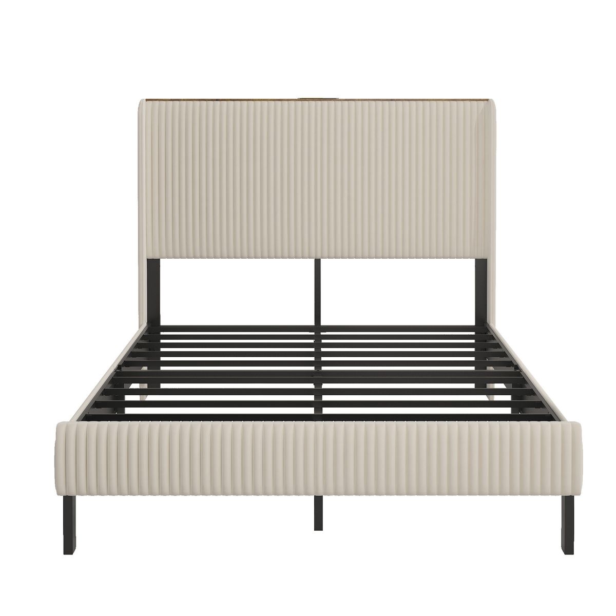 Beige Metal & Wood Full Size Platform Bed Frame with Charging Station and Noise-Free Design