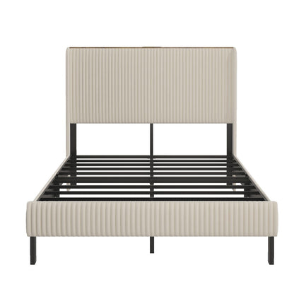 Beige Metal & Wood Full Size Platform Bed Frame with Charging Station and Noise-Free Design