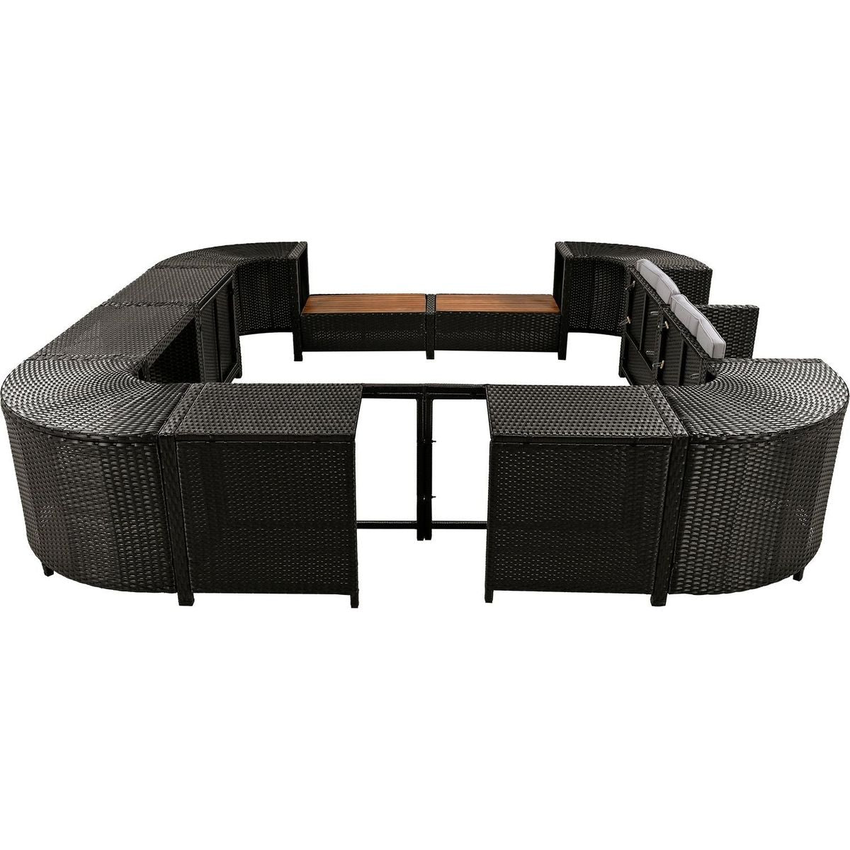 Spa Surround Spa Frame Quadrilateral Outdoor Rattan Sectional Sofa Set with Mini Sofa, Wooden Seats and Storage Spaces, Grey