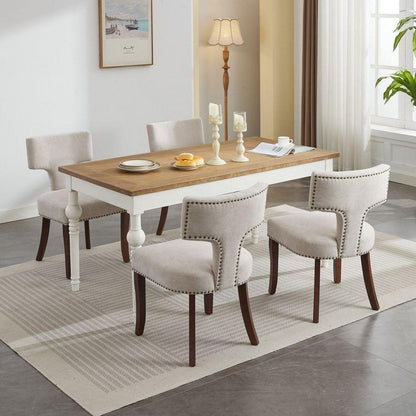 Mid Century Modern Dining Chairs Set of 2, Farmhouse Linen Fabric Upholstered Accent Chair Curved Backrest with Copper Nails around,Kitchen Chairs with Hardwood Frame, Beige