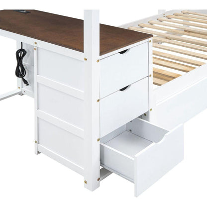 Twin-Over-Twin Bunk Bed with Twin size Trundle, Storage and Desk, White+Walnut