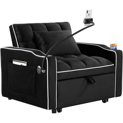Convertible Sleeper Chair Sofa Bed Adjustable Pull Out Sleeper Chair Bed Multi-Pockets Folding Sofa Bed for Living Room Bedroom Small Space,3-in-1 Sofa Bed, (Black)