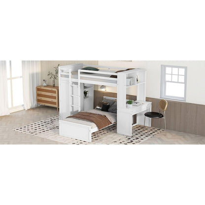 Twin size Loft Bed with a Stand-alone bed, Shelves,Desk,and Wardrobe-White