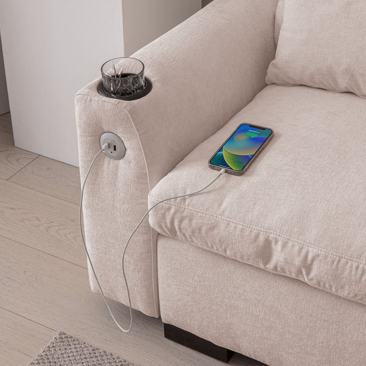 114.5"Modern Modular L Shaped Chenille Sofa Couch Reversible Ottoman With Storage Removable and Washable Cushions Sofa With USB Ports & Cup Holder For Living Room