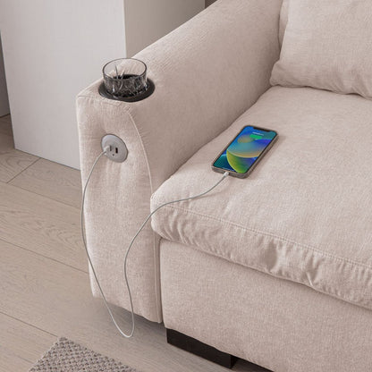 114.5"Modern Modular L Shaped Chenille Sofa Couch Reversible Ottoman With Storage Removable and Washable Cushions Sofa With USB Ports & Cup Holder For Living Room