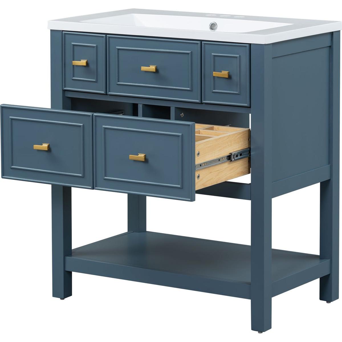 30" Bathroom Vanity with Resin Sink Combo, Free Standing Single Vanity Set with 5 Drawers, Solid Wood Frame Bathroom Storage Cabinet, Blue