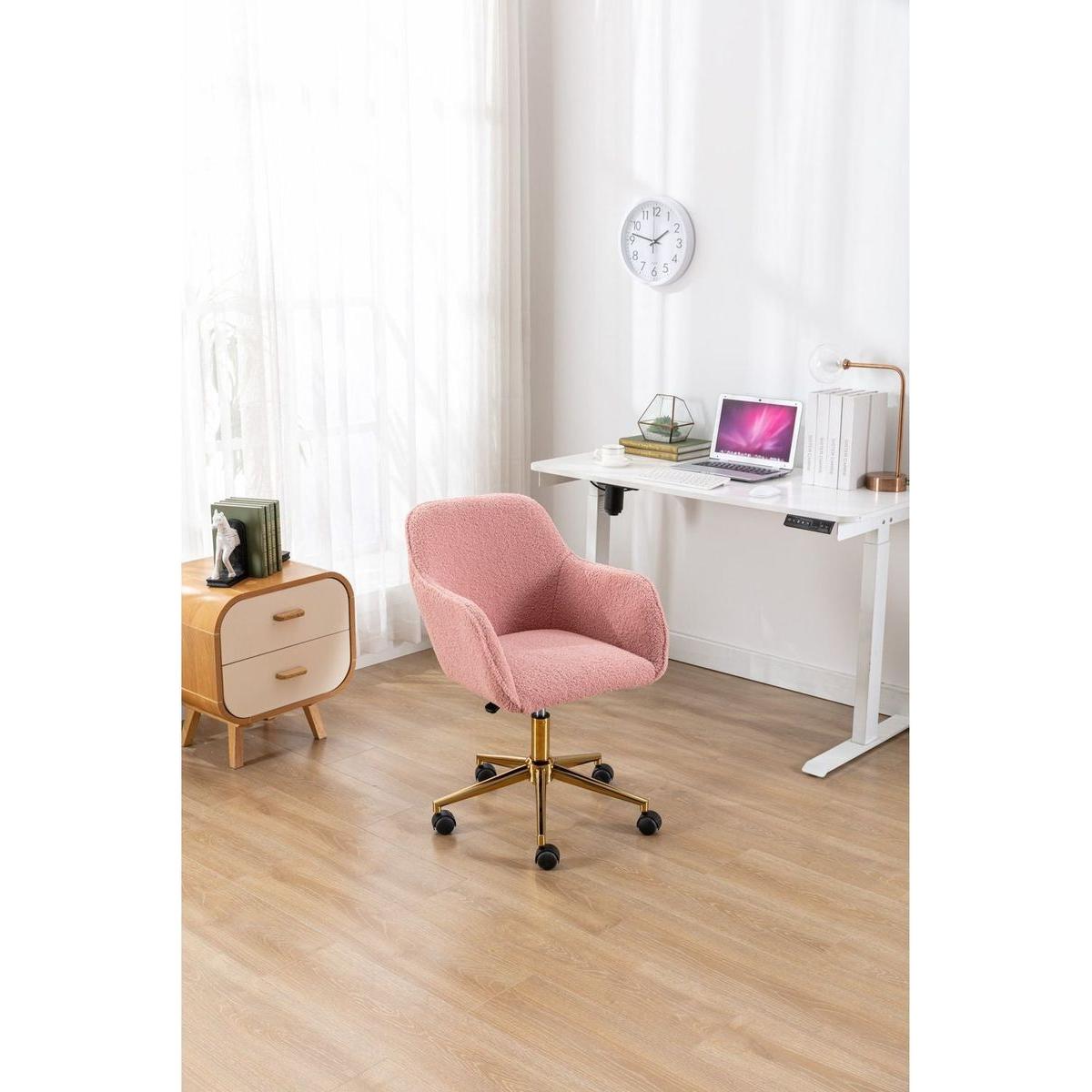 Modern Teddy Fabric Material Adjustable Height 360 Revolving Home Office Chair With Gold Metal Legs And Universal Wheel For Indoor,Pink