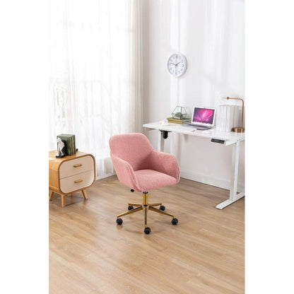 Modern Teddy Fabric Material Adjustable Height 360 Revolving Home Office Chair With Gold Metal Legs And Universal Wheel For Indoor,Pink