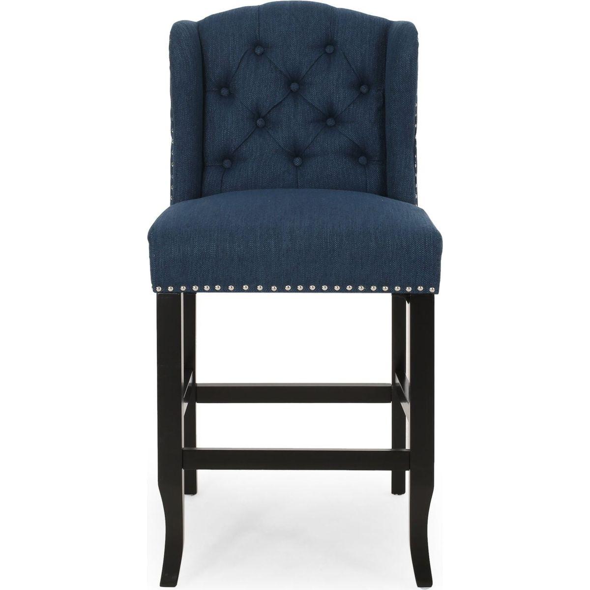 Vienna Contemporary Fabric Tufted Wingback 27 Inch Counter Stools, Set of 2, Navy Blue and Dark Brown - Streamdale Furniture
