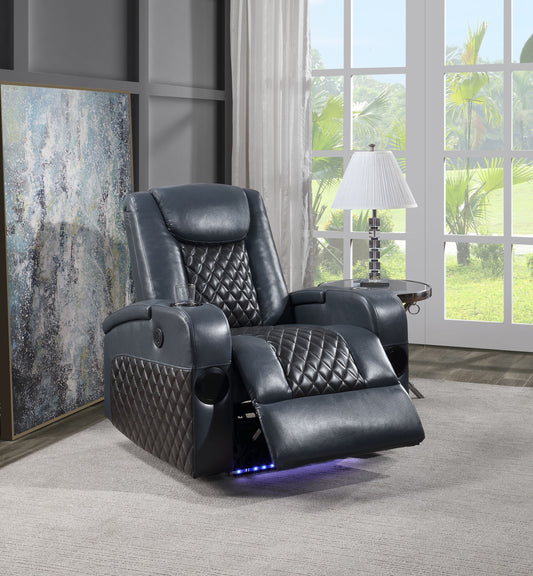 Alair Power Motion Recliner w/Bluetooth Speaker & Cooling Cup Holder, Blue & Black Leather Aire