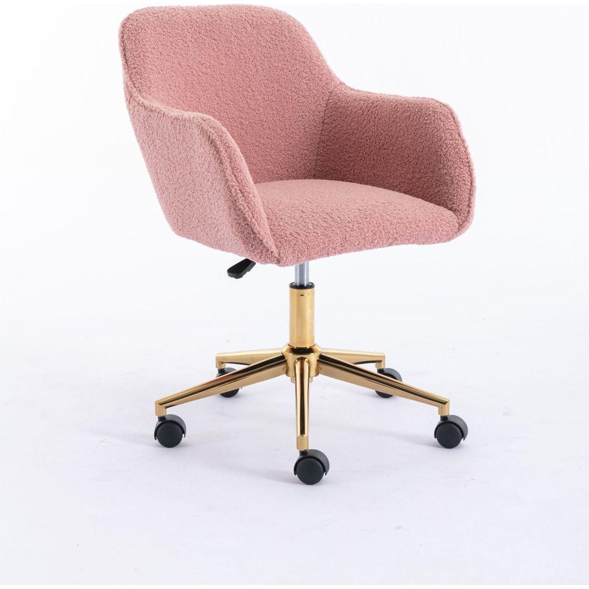 Modern Teddy Fabric Material Adjustable Height 360 Revolving Home Office Chair With Gold Metal Legs And Universal Wheel For Indoor,Pink