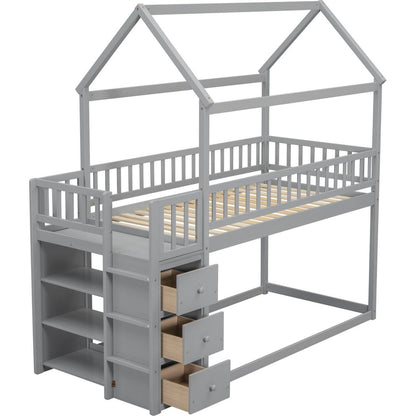 TWIN/TWIN HOUSE BUNK BED WITH SHELVES AND DRAWERS FOR GREY COLOR