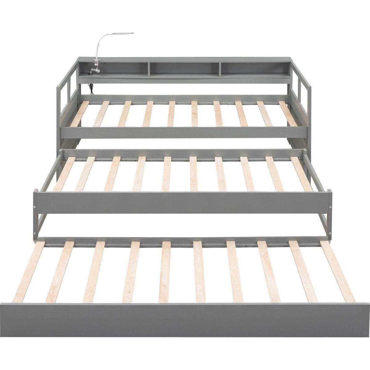 Twin XL Wood Daybed with 2 Trundles, 3 Storage Cubbies, 1 Light for Free and USB Charging Design, Gray