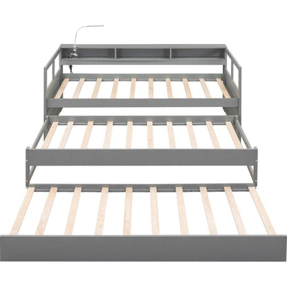 Twin XL Wood Daybed with 2 Trundles, 3 Storage Cubbies, 1 Light for Free and USB Charging Design, Gray