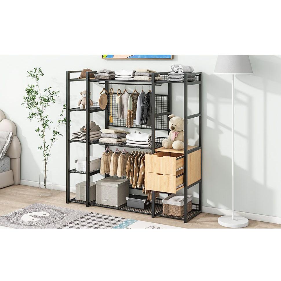 Open-Style Wardrobe with Hanging Rails, Shelves and Drawers, Black