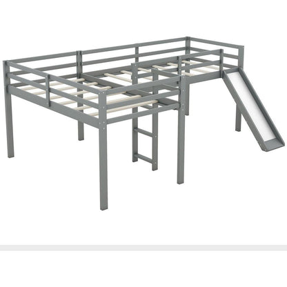L-Shaped Twin Size Loft Bed with Ladder and Slide, Gray