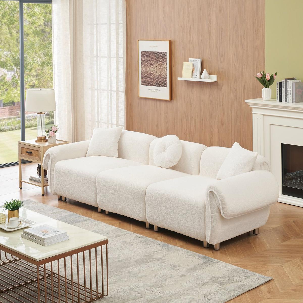 beige teddy-wool fabric with 3 pillows, three-seat sofa can be placed in living room and other scenes