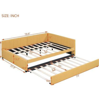 Full Size Upholstered Daybed with Trundle Sofa Bed Frame No Box Spring Needed, Linen Fabric(Yellow)