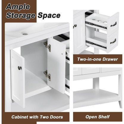 30" Bathroom Vanity with Ceramic Sink Top, Vanity Cabinet with Multi-Functional Drawer, Solid Wood Legs, White