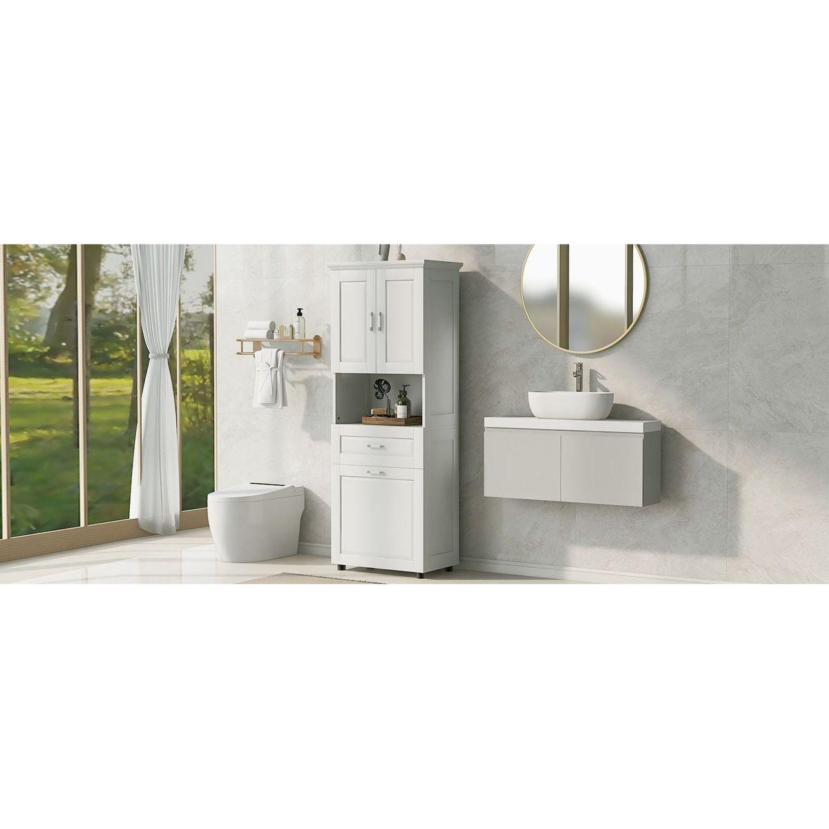 Tall Bathroom Cabinet with Laundry Basket, Large Storage Space Tilt-Out Laundry Hamper and Upper Storage Cabinet, White