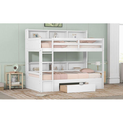 Twin Size Bunk Bed with Built-in Shelves Beside both Upper and Down Bed and Storage Drawer,White