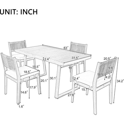 Multi-person Outdoor Acacia Wood Dining Table and Chair Set, Thick Cushions, Suitable for Balcony, Vourtyard, and Garden.