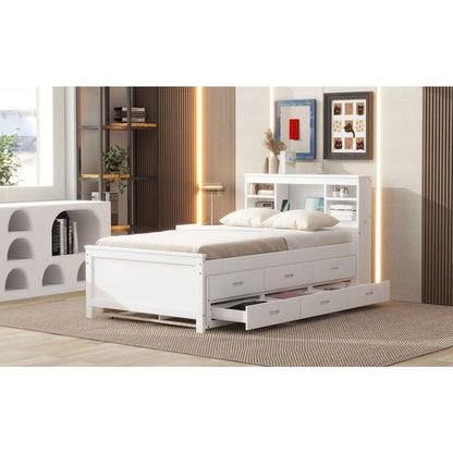 Twin Size Platform Bed with Storage Headboard, USB, Twin Size Trundle and 3 Drawers, White