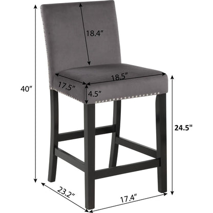 Cobre Contemporary Velvet Counter Stool with Nailhead Trim, Set of 2, Gray